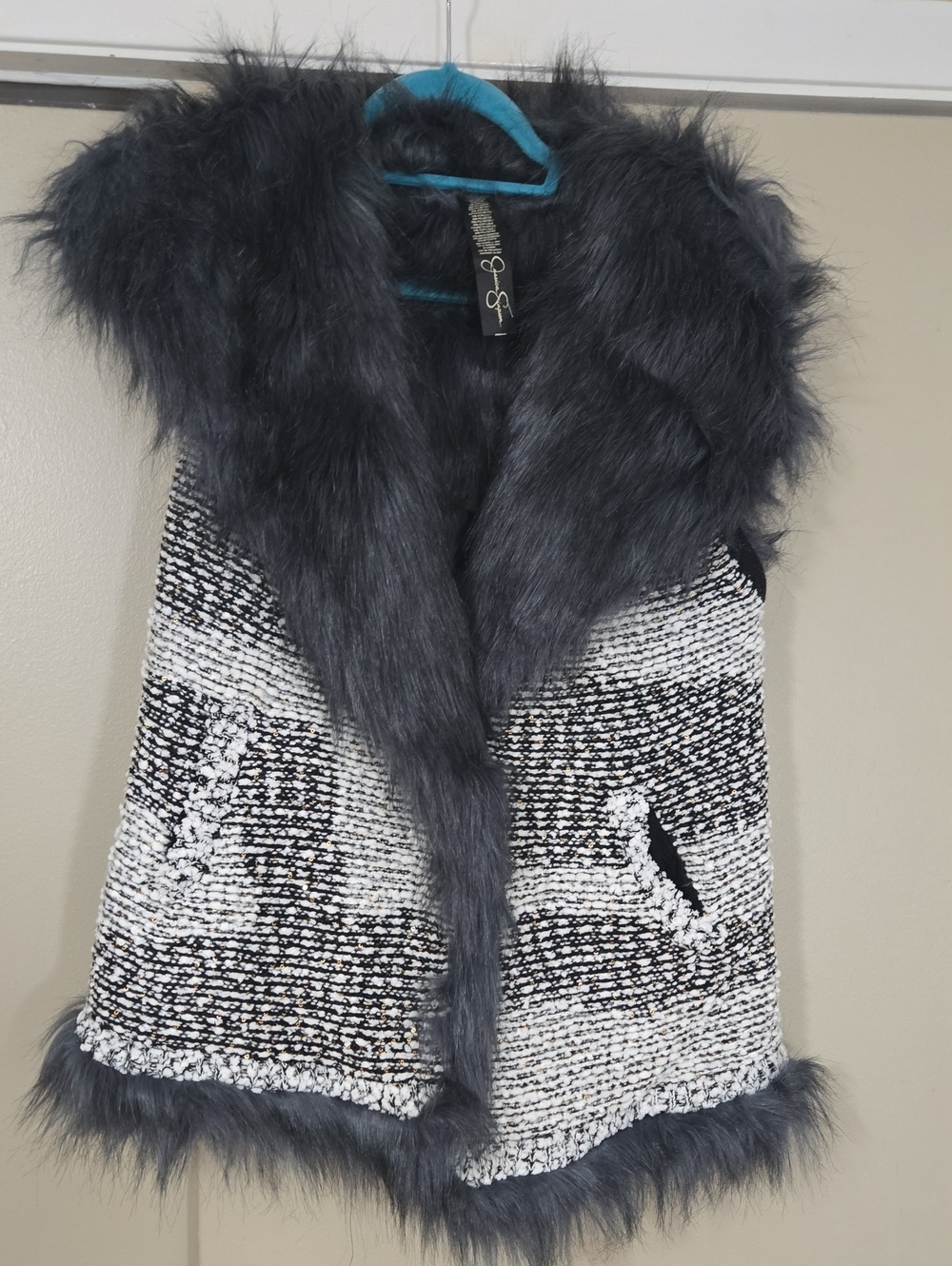 Jessica Simpson Black & White Vest with Gray Faux Fur Trim Size Medium
